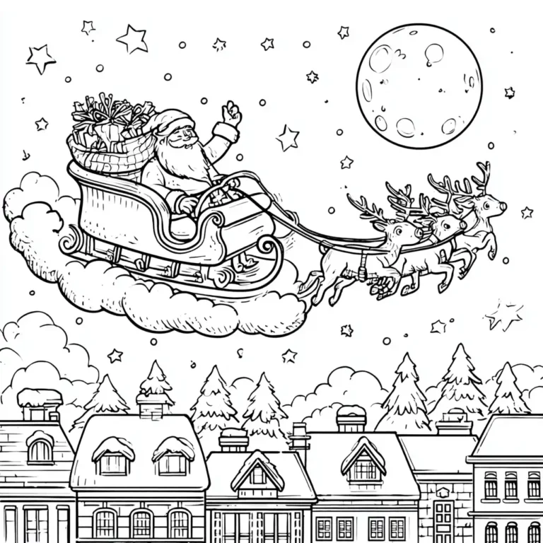 Kleurplaat van de kerstman in zijn slee met rendieren vliegend boven besneeuwde huizen onder de volle maan