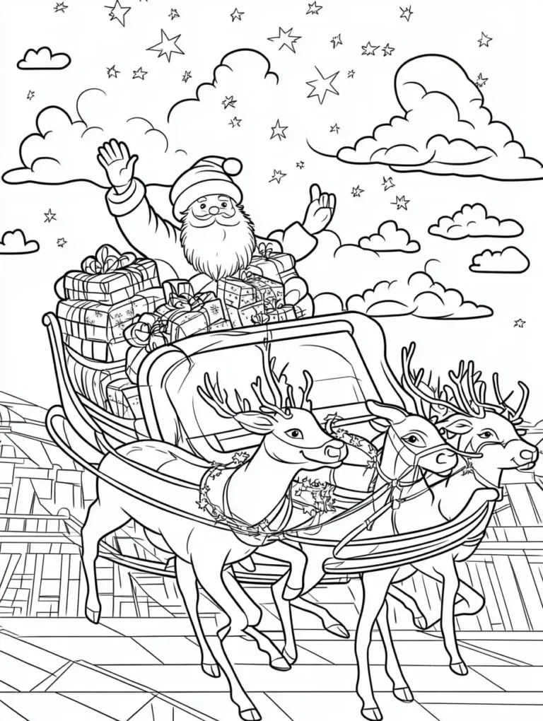 Kleurplaat van de kerstman zwaaiend vanuit zijn slee vol cadeaus getrokken door drie rendieren onder een sterrenhemel