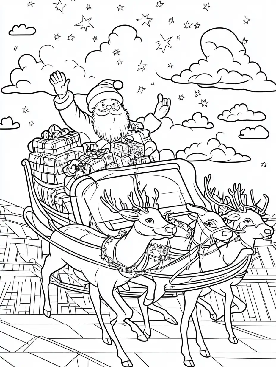 Kleurplaat van de kerstman zwaaiend vanuit zijn slee vol cadeaus getrokken door drie rendieren onder een sterrenhemel