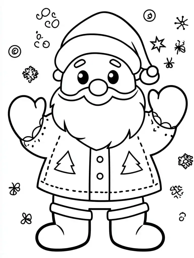 Kleurplaat van een vrolijke kerstman met muts wanten en een jas met kerstboompjes omringd door sneeuwvlokjes