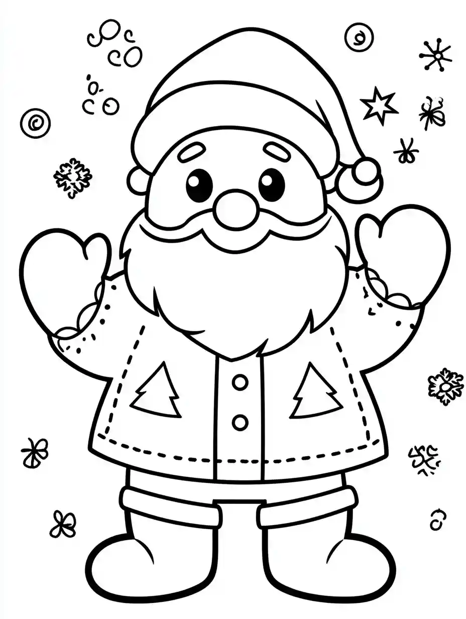 Kleurplaat van een vrolijke kerstman met muts wanten en een jas met kerstboompjes omringd door sneeuwvlokjes