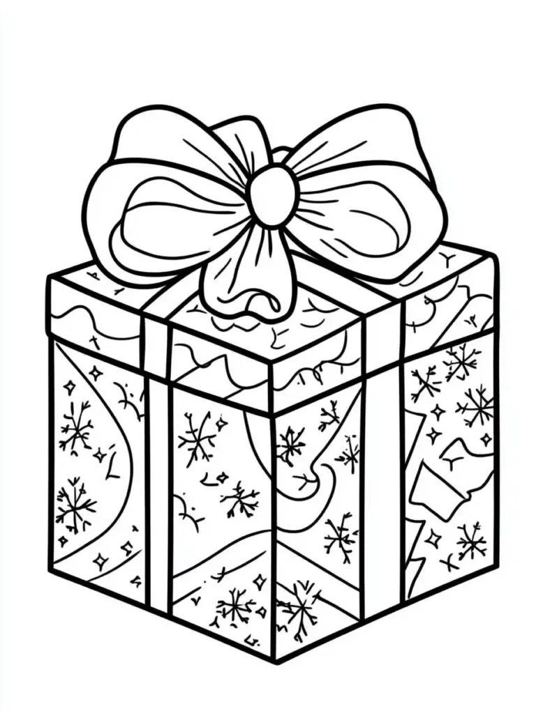 Kleurplaat van een kerstcadeau met grote strik en inpakpapier vol sneeuwvlokken en sterretjes