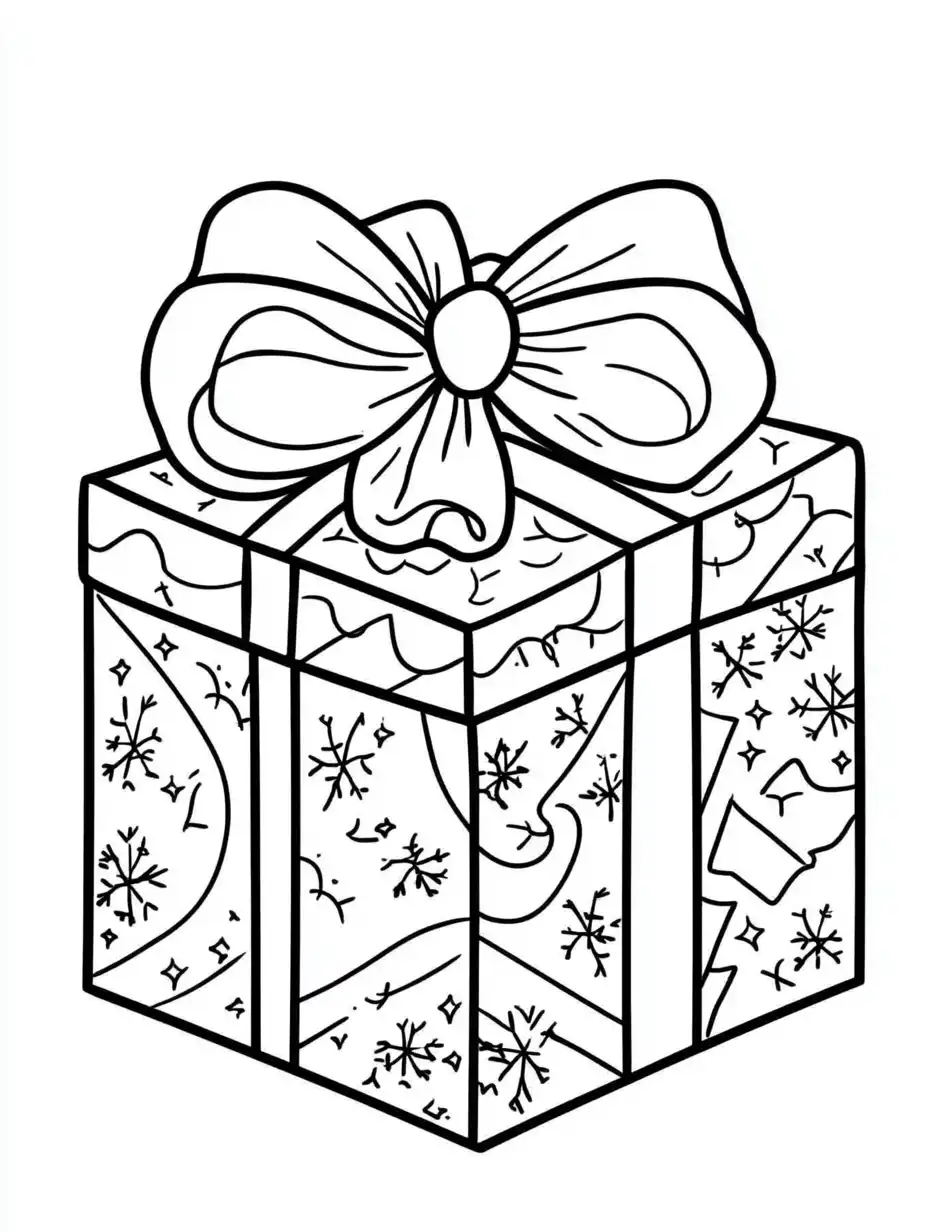 Kleurplaat van een kerstcadeau met grote strik en inpakpapier vol sneeuwvlokken en sterretjes