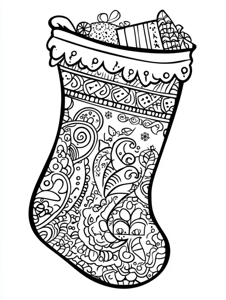 Kleurplaat van een kerstsok gevuld met cadeautjes versierd met fijne zentangle patronen en paisley motieven