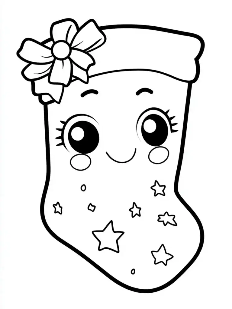 Kleurplaat van een schattige kerstsok met grote ogen een strik en sterretjes in kawaii stijl