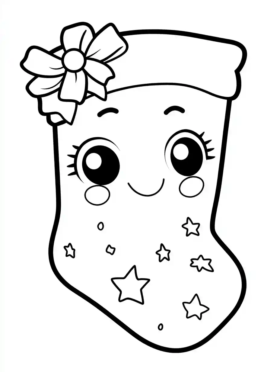 Kleurplaat van een schattige kerstsok met grote ogen een strik en sterretjes in kawaii stijl