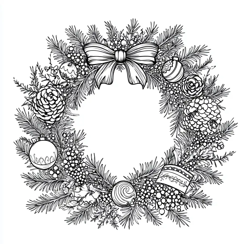 Kleurplaat van een weelderige kerstkrans met dennentakken dennenappels bessen kerstballen en grote strik