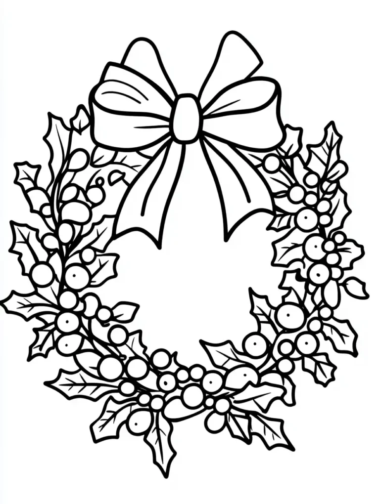 Kleurplaat van een kerstkrans met hulstblaadjes bessen en een grote strik bovenop