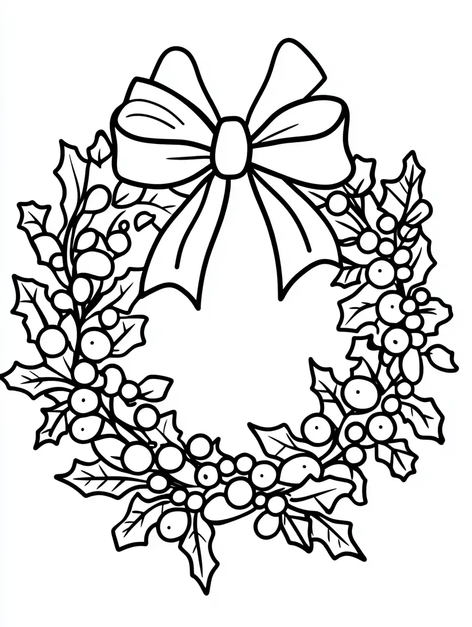 Kleurplaat van een kerstkrans met hulstblaadjes bessen en een grote strik bovenop