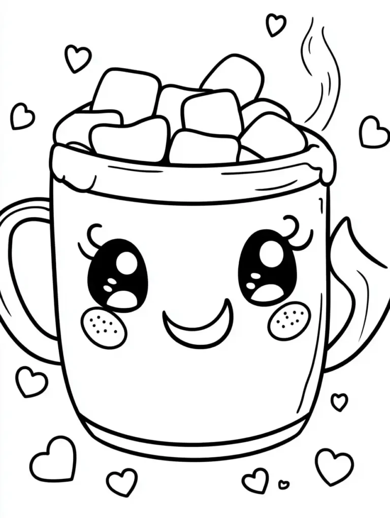 Kleurplaat van een schattige mok warme chocolademelk met marshmallows grote ogen en zwevende hartjes