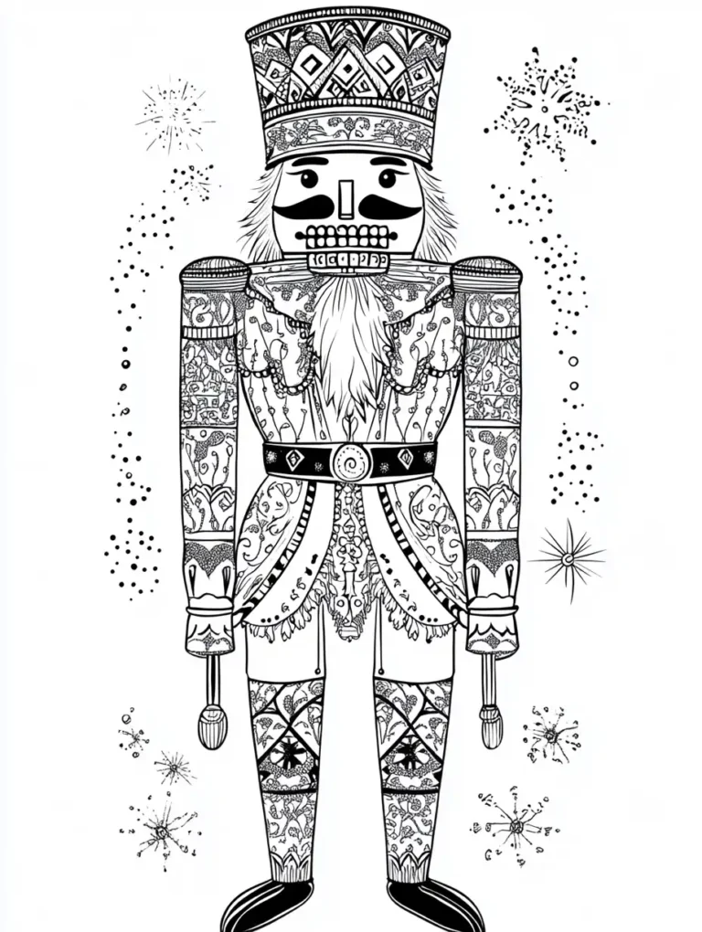 Kleurplaat van een notenkraker met rijk versierd uniform vol sierlijke patronen tussen sneeuwvlokken