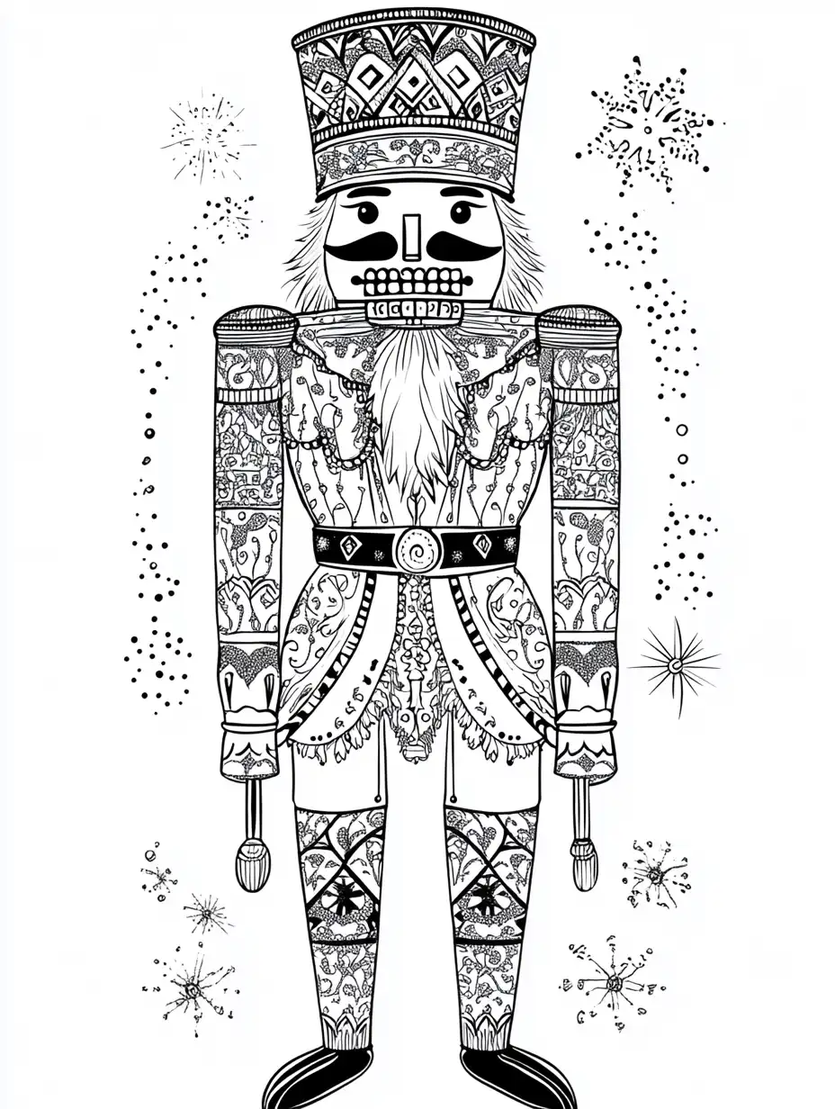 Kleurplaat van een notenkraker met rijk versierd uniform vol sierlijke patronen tussen sneeuwvlokken