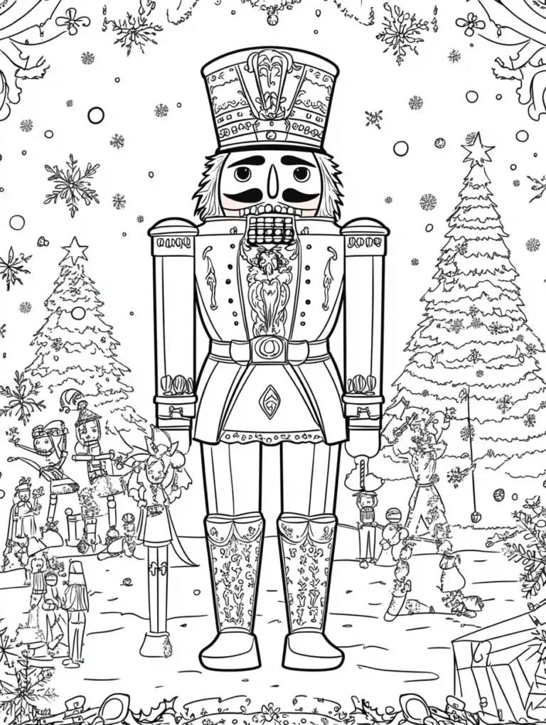 Kleurplaat van een statige notenkraker in uniform tussen kerstbomen met kleine figuurtjes en sneeuwvlokken