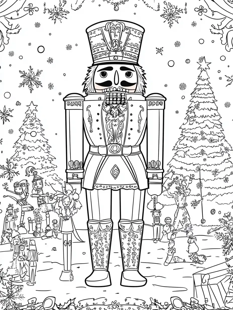 Kleurplaat van een statige notenkraker in uniform tussen kerstbomen met kleine figuurtjes en sneeuwvlokken