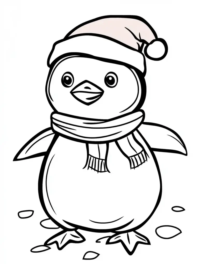 Kleurplaat van een schattige pinguïn met kerstmuts en gebreide sjaal staand in de sneeuw