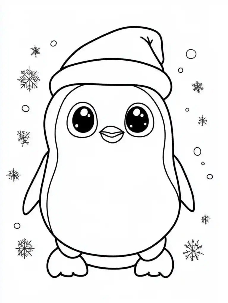 Kleurplaat van een schattige pinguïn met kerstmuts en grote ogen omringd door sneeuwvlokken