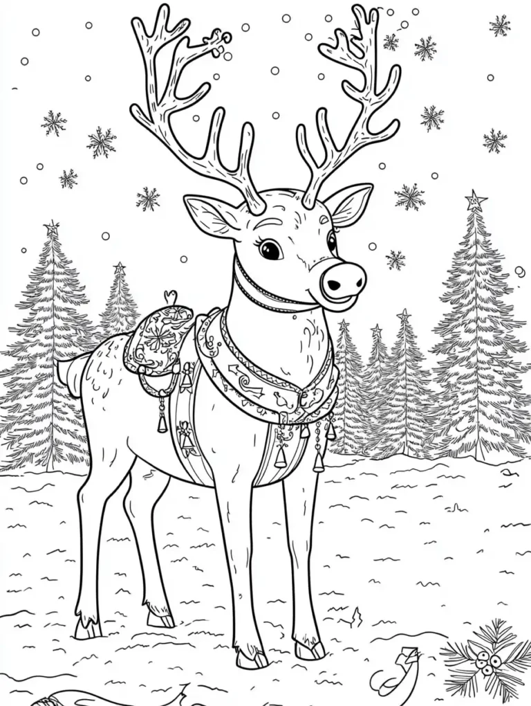 Kleurplaat van een rendier met groot gewei en sierlijk versierd zadel in een besneeuwd dennenbos