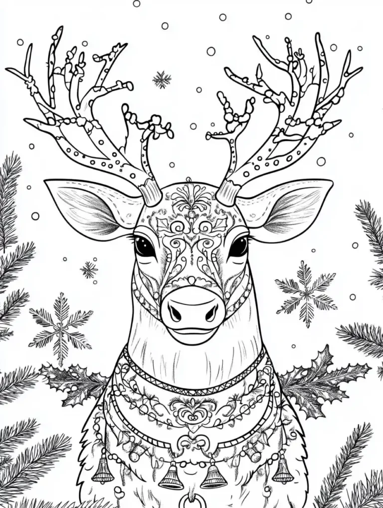 Kleurplaat van een sierlijk rendier met versierd gewei mandala patronen en belletjes tussen dennentakken en sneeuwvlokken
