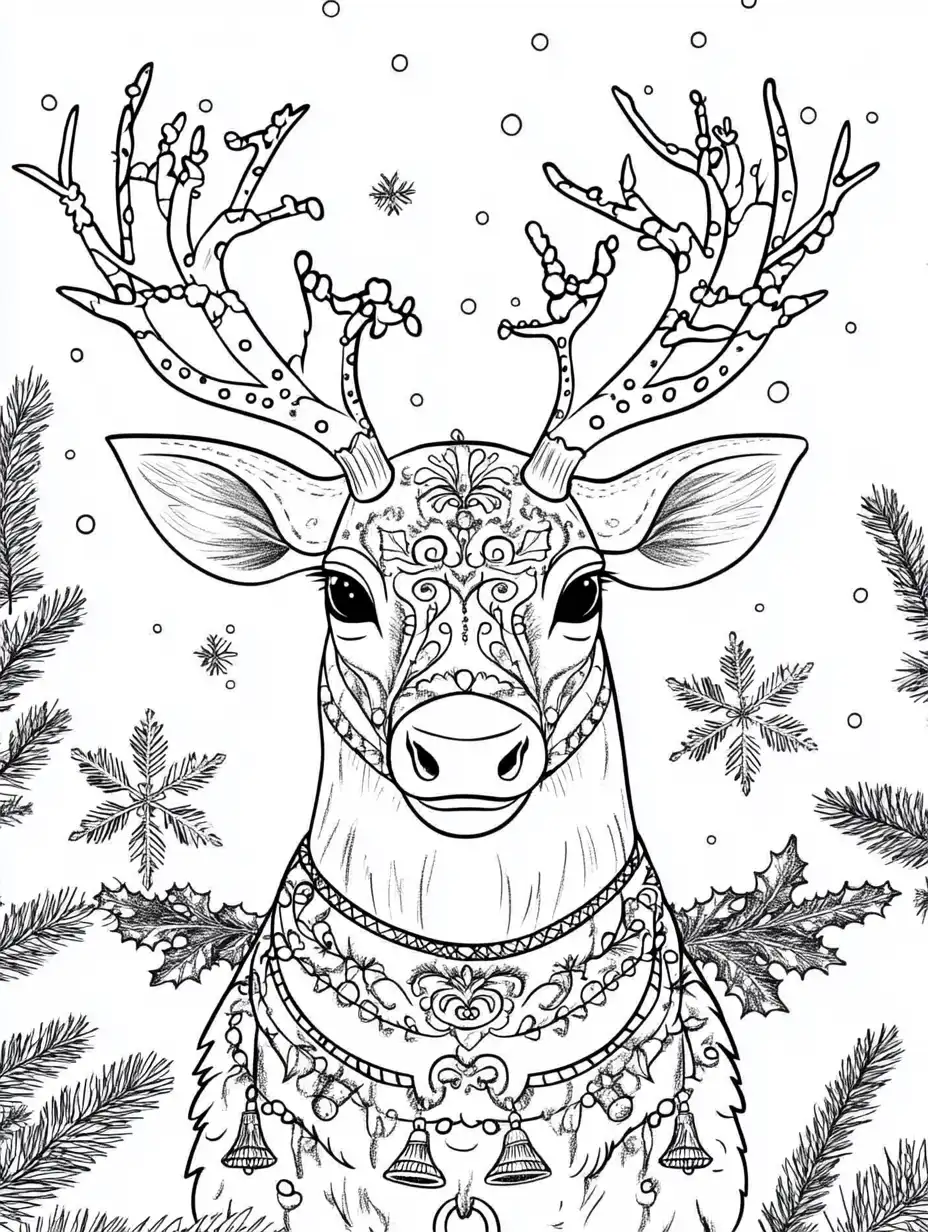 Kleurplaat van een sierlijk rendier met versierd gewei mandala patronen en belletjes tussen dennentakken en sneeuwvlokken