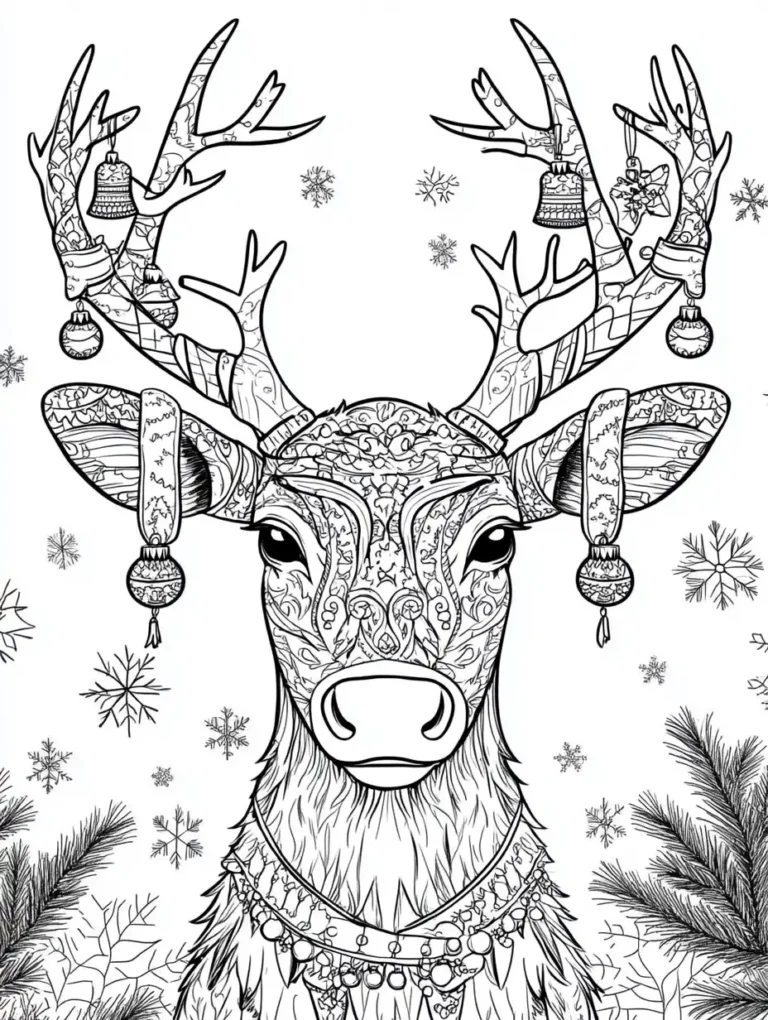 Kleurplaat van een rendier met versierd gewei vol kerstballen en belletjes met zentangle patronen op gezicht en oren