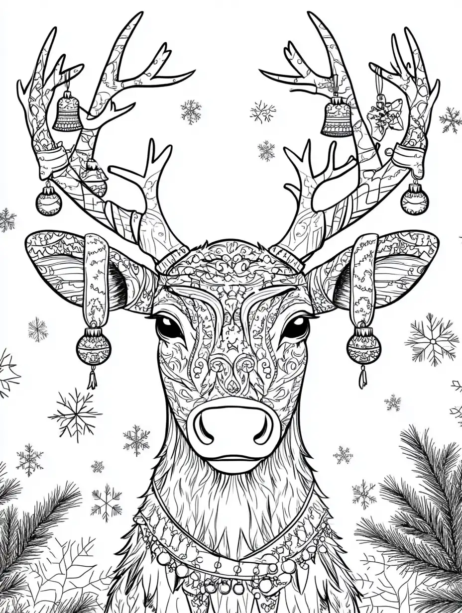 Kleurplaat van een rendier met versierd gewei vol kerstballen en belletjes met zentangle patronen op gezicht en oren
