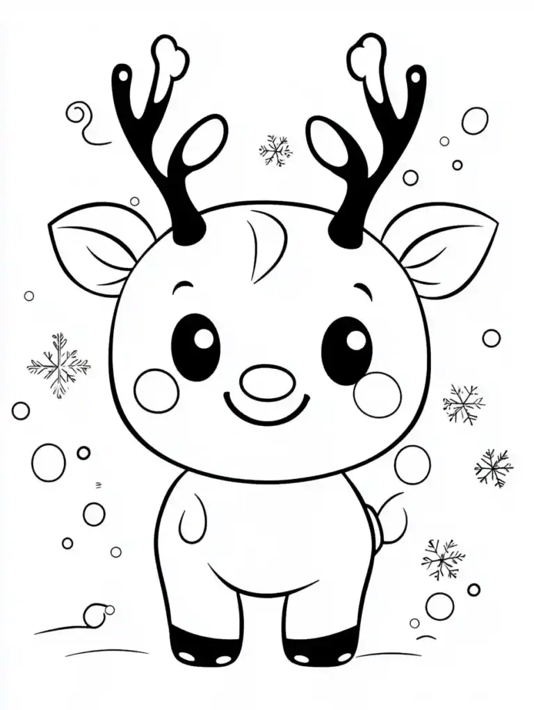 Kleurplaat van een schattig rendier met gewei grote ogen en blosjes tussen de sneeuwvlokken