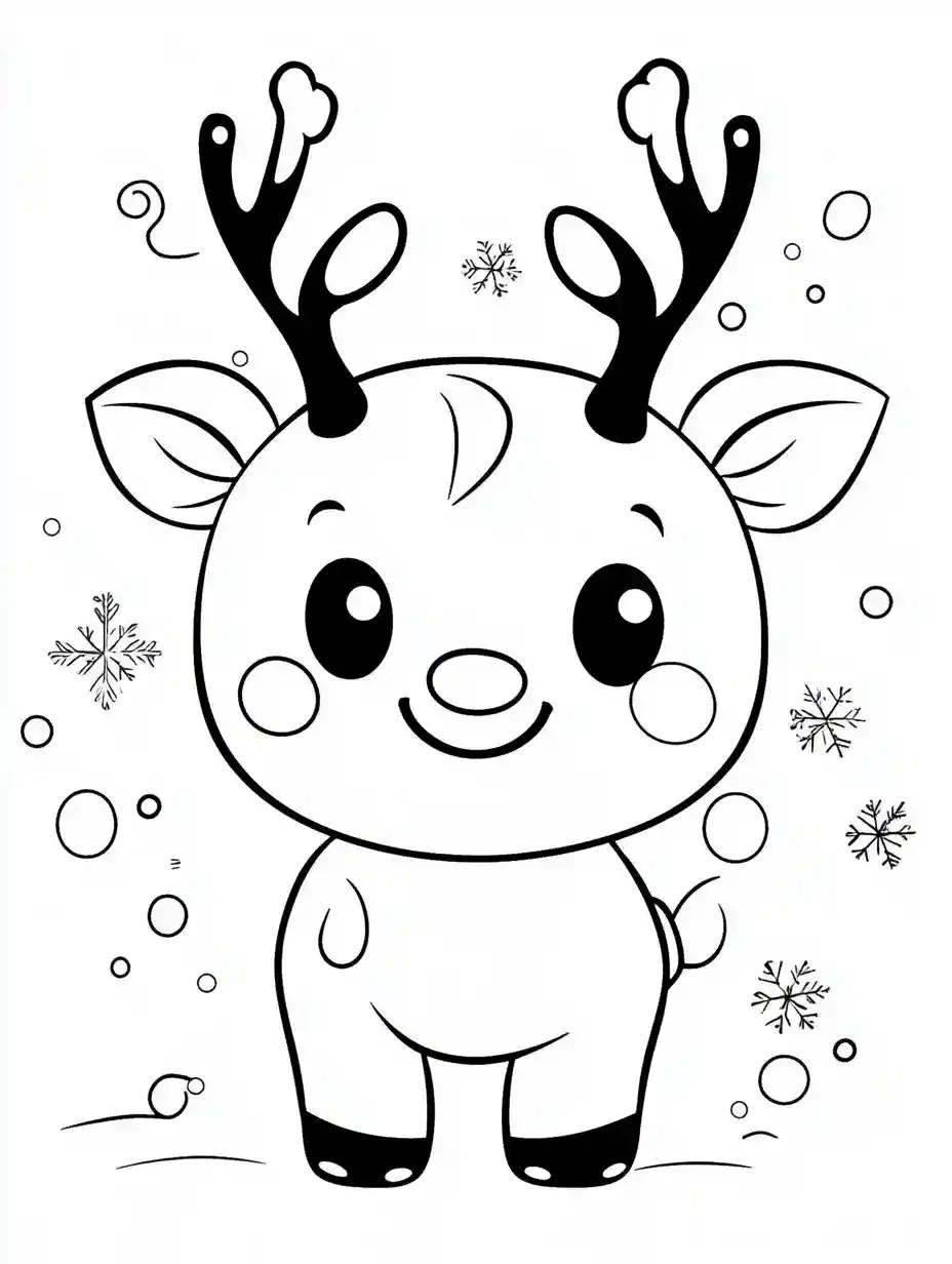 Kleurplaat van een schattig rendier met gewei grote ogen en blosjes tussen de sneeuwvlokken