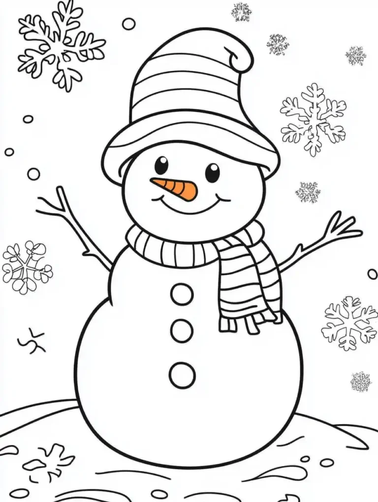Kleurplaat van een klassieke sneeuwpop met hoge muts gestreepte sjaal wortelneus en takjesarmen