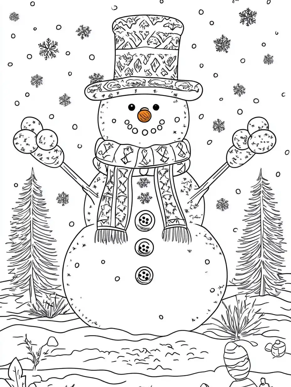 Kleurplaat van een sneeuwpop met hoge hoed gebreide sjaal en wanten in een winters landschap met dennenbomen
