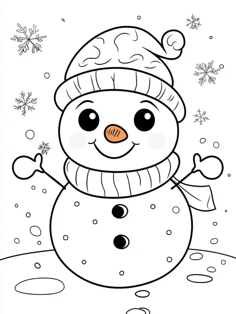 Kleurplaat van een vrolijke sneeuwpop met muts sjaal en wortelneus omringd door sneeuwvlokken