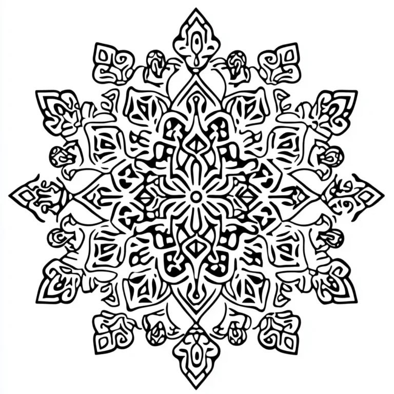 Kleurplaat van een symmetrische sneeuwvlok met geometrische patronen en ornamentale details in mandala stijl