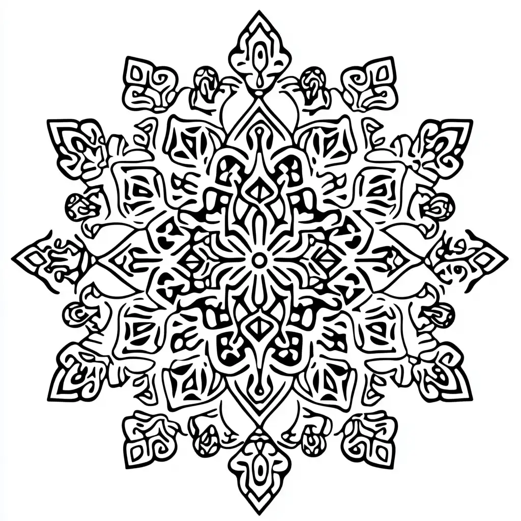 Kleurplaat van een symmetrische sneeuwvlok met geometrische patronen en ornamentale details in mandala stijl