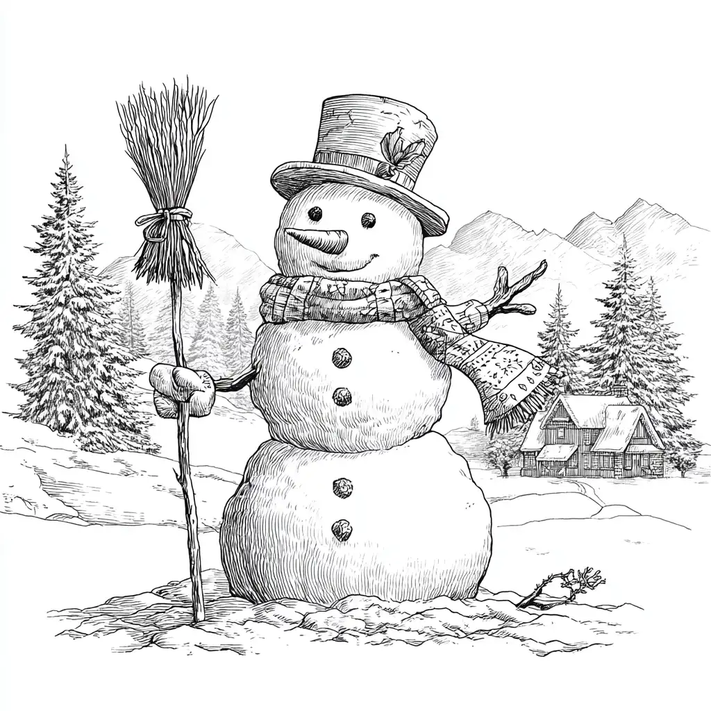 Kleurplaat van een sneeuwpop met hoge hoed en bezem in een winters berglandschap met huisje en dennenbomen