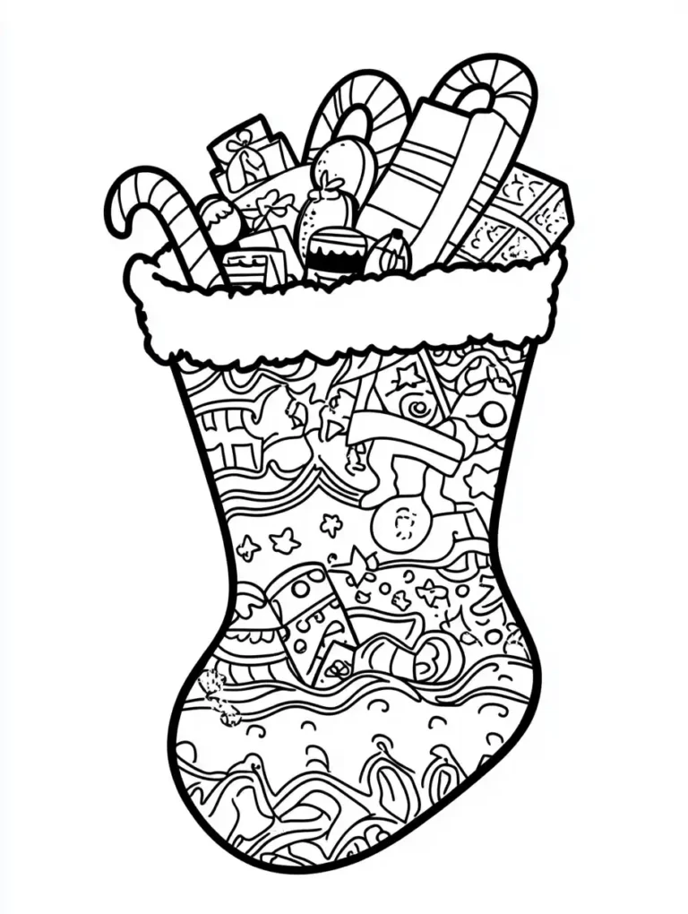 Kleurplaat van een volle kerstsok met zuurstokken cadeautjes en snoepjes met sierlijke patronen op de sok