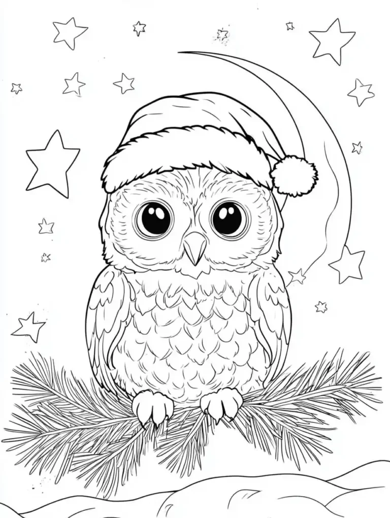 Kleurplaat van een schattige uil met kerstmuts op een dennentak onder een maansikkel en sterren