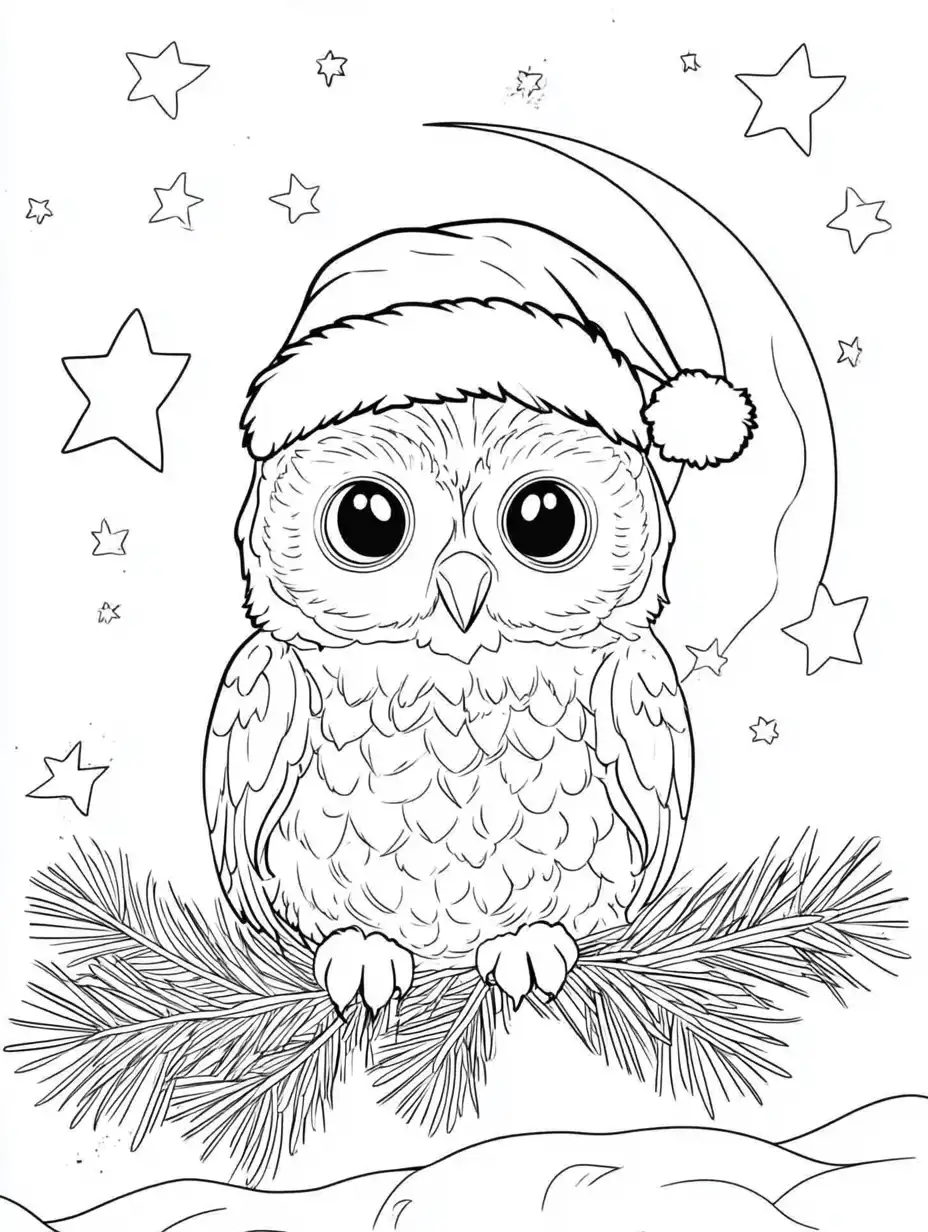 Kleurplaat van een schattige uil met kerstmuts op een dennentak onder een maansikkel en sterren