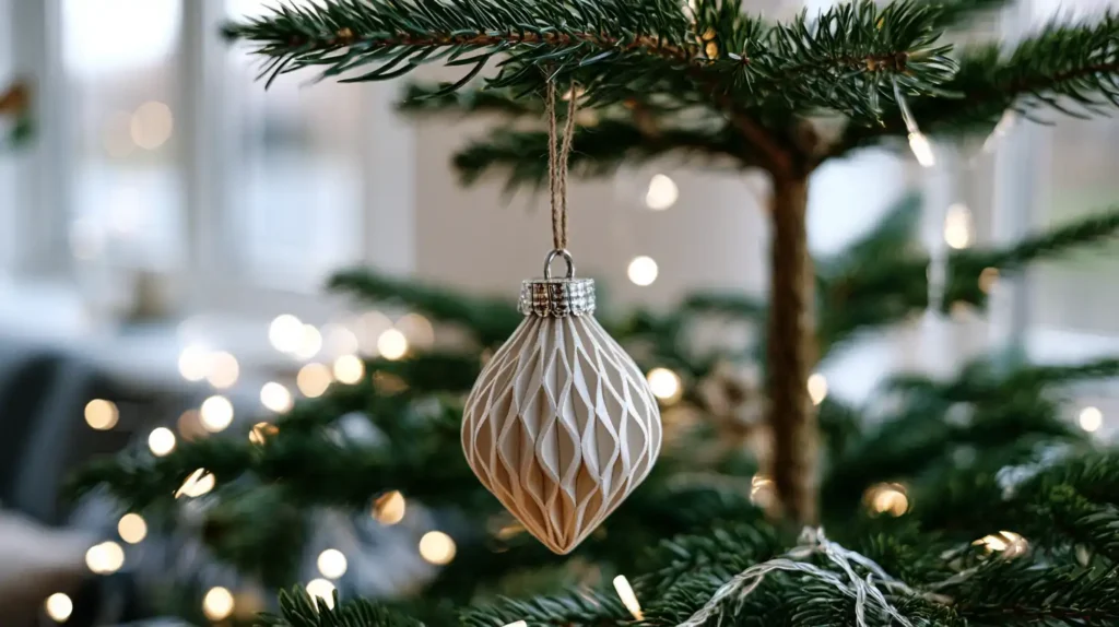 Een klein houten kerstornament hangt aan een groene kerstboomtak in zacht daglicht