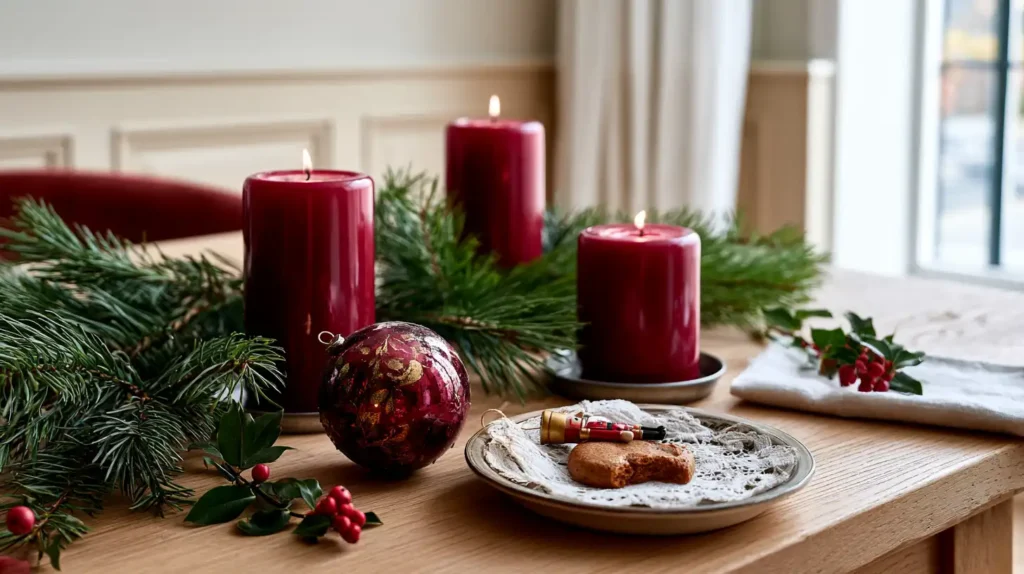 Klassiek gedekte tafel met diepe rode kaarsen gouden ornament en dennengroen