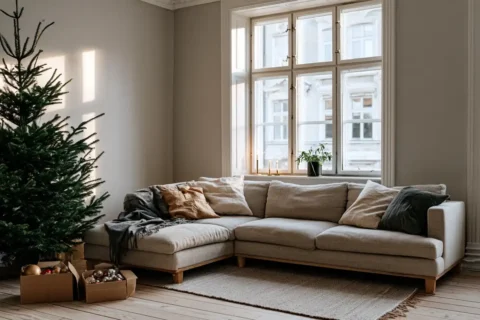 Lichte woonkamer met een kerstboom die nog versierd moet worden dozen met kerstballen ernaast op de vloer