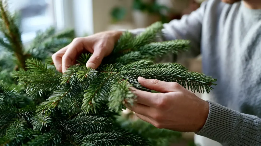 Close up van handen die kerstboomtakken voorzichtig uit elkaar buigen