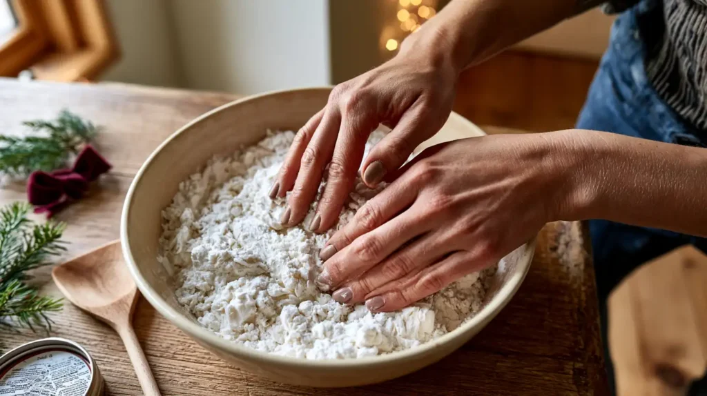 Handen die bakpoeder toevoegen aan een schaal met witte massa