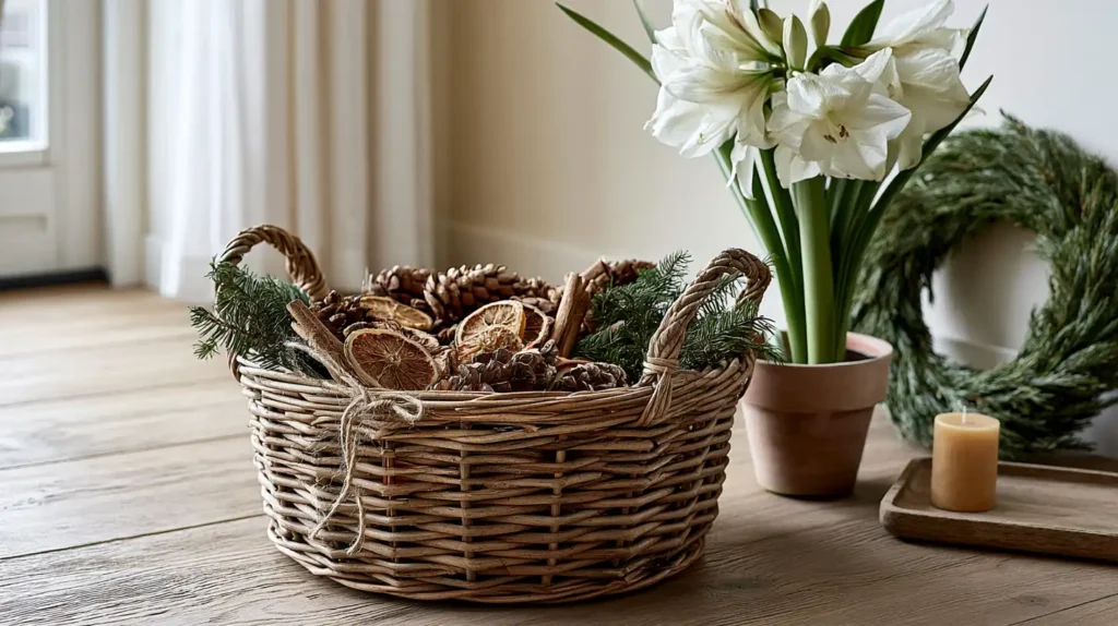  Een gevlochten mand met dennenappels takken gedroogde sinaasappels en een amaryllis