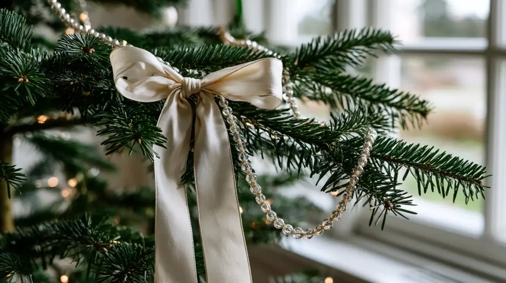 Detail van een kerstboom met zacht vallende linten en kralenslingers tussen de takken