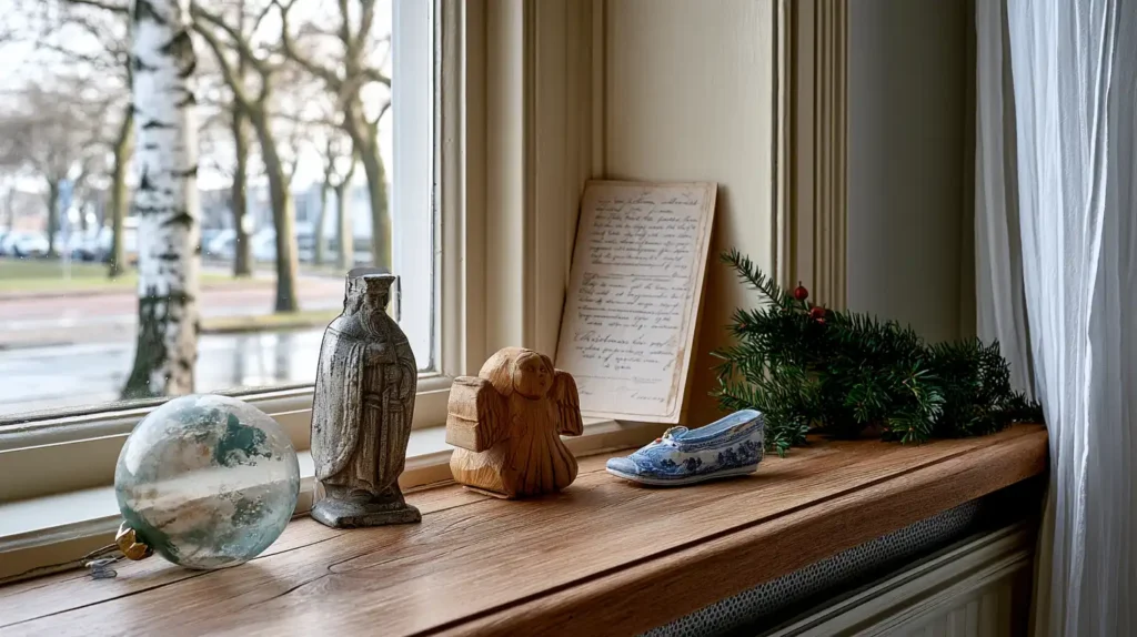 Een verzameling oude kerstornamenten en blikken figuren op een lichte ondergrond