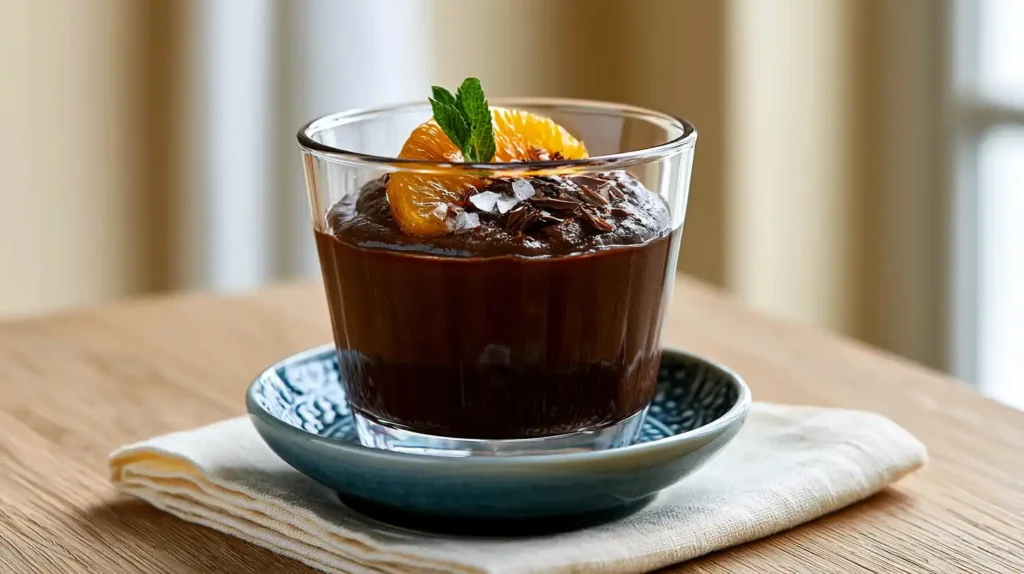 Donkere chocolademousse in een glaasje met sinaasappel en zeezout op een Delfts blauw schoteltje