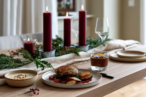 Een Nederlandse kersttafel met drie vegan gerechten kaarsen en linnen loper