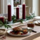 Een Nederlandse kersttafel met drie vegan gerechten kaarsen en linnen loper