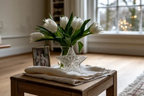 Een hoekje in een Nederlandse woonkamer met een klein kerstornament en lente-elementen
