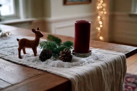 Een Nederlandse tafel met dennetakken, kaarsen en zelfgemaakte sneeuw op de ondergrond