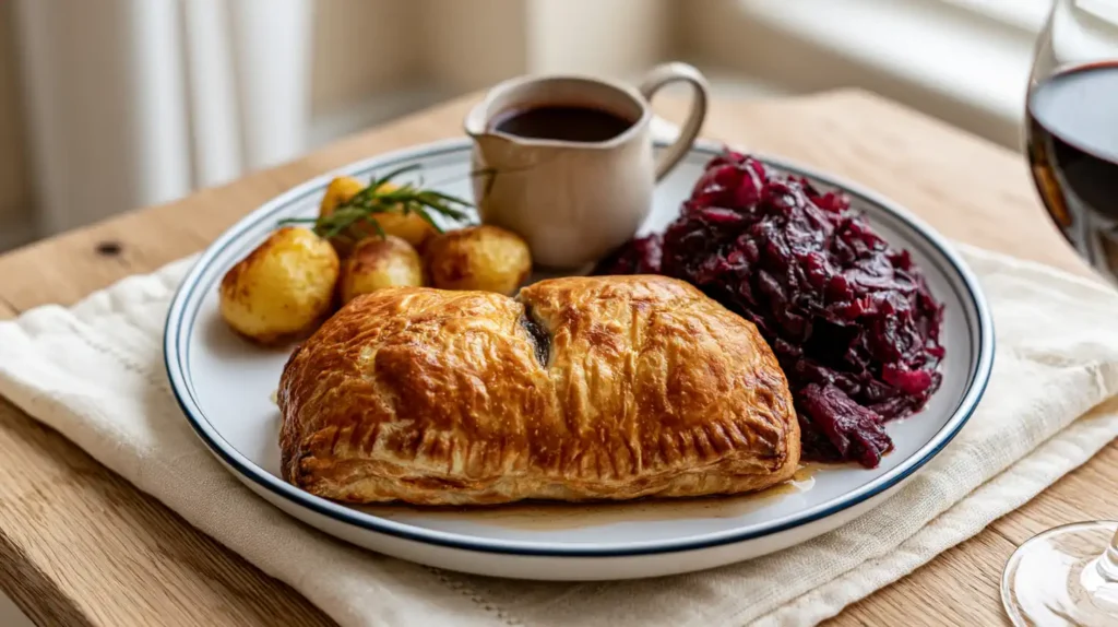 Een gouden portobello Wellington op een porseleinen bord met aardappels en rode kool